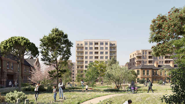 Outdoor space with buildings, trees and blue sky