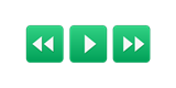 Three green play, rewind and fast forward buttons with white triangles