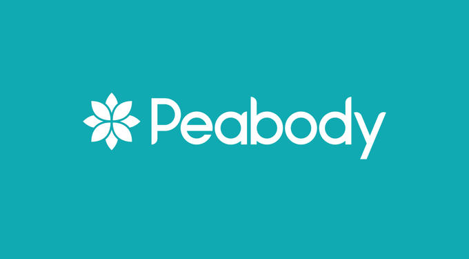 White Peabody logo on teal background