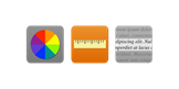 Three buttons. Grey background and multicoloured wheel, orange background and ruler, grey and white background
