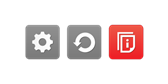 Three buttons. Two grey backgrounds with a white cog wheel and white arrow. One red background with white document logo