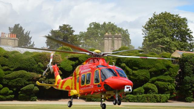 A red and yellow helicopter on green grass