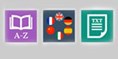 Three buttons. Purple background with A-Z, grey background with flags, green background with text icon