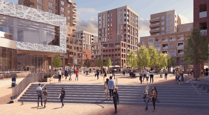 Outdoor space with buildings and people walking