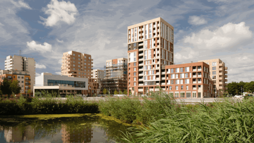 Outdoor space with buildings in the background and blue sky